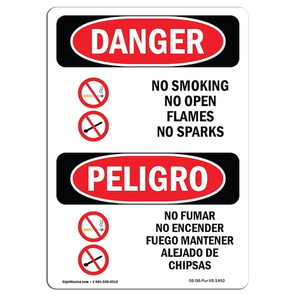 Safety Sign, OSHA Danger, 24" Height, Aluminum, No Smoking Open Flames Sparks Spanish